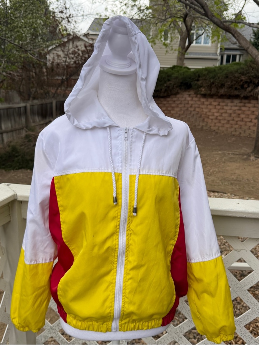 Urban Retro Colorblock Windbreaker Yellow Red White Women Small Zip Jacket Hood - Picture 2 of 9